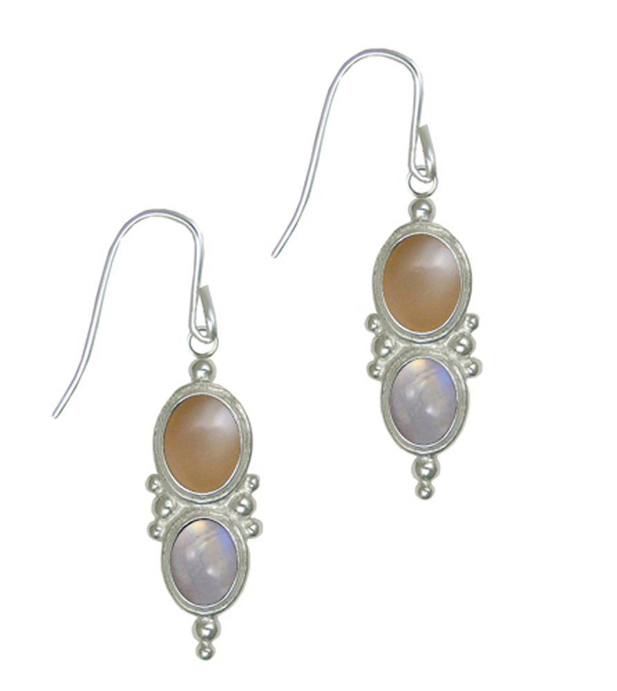 Sterling Silver Drop Dangle Earrings With Peach And Rainbow Moonstones